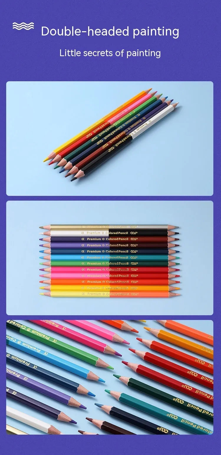 Set of double-headed wooden coloured pencils showing two pack size options: 6 pieces and 12 pieces.