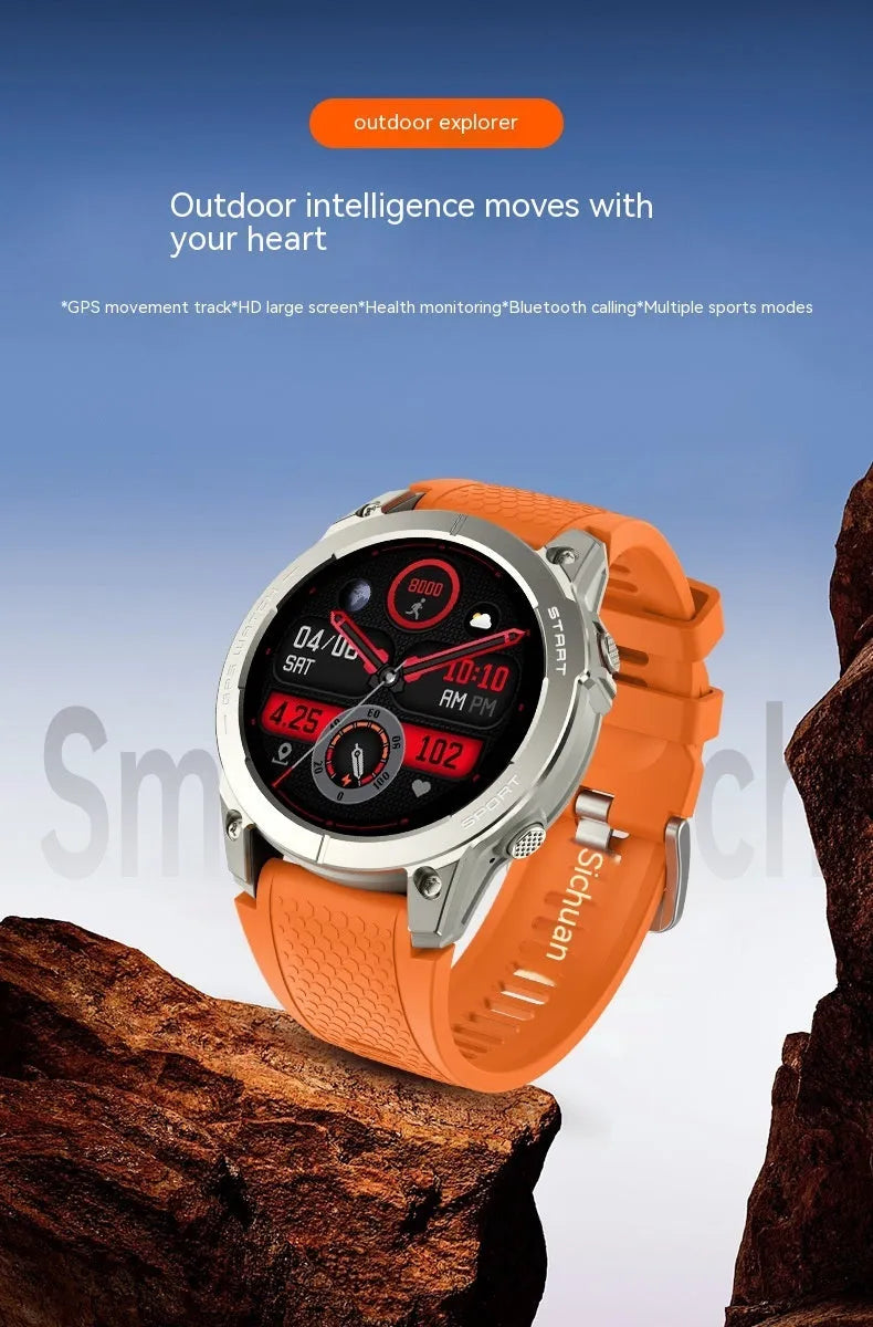 S53 Outdoor GPS Sports Smart Watch in Black or Orange with zinc alloy frame and silicone strap.