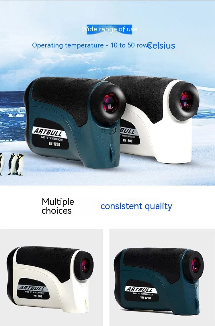 Laser golf rangefinder telescope 102x35x69mm with LCD display and CR2 battery, available in four colours
