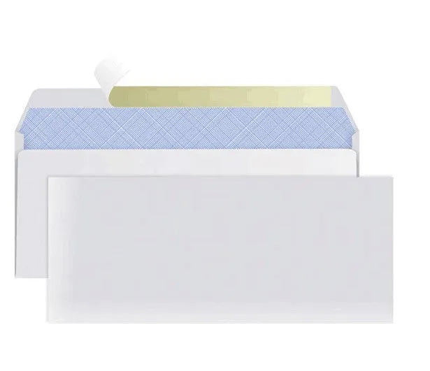 Blue anti-opening confidential envelope showing self-adhesive closure and 105x240mm dimensions
