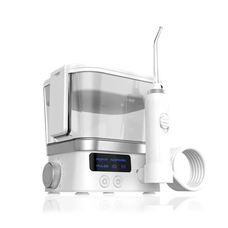 White handheld portable oral irrigator with 600ml water tank and IPX4 waterproof rating