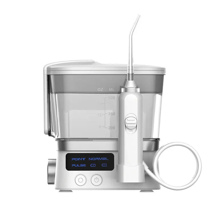 White handheld portable oral irrigator with 600ml water tank and IPX4 waterproof rating