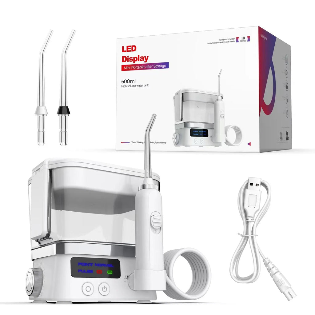 White handheld portable oral irrigator with 600ml water tank and IPX4 waterproof rating