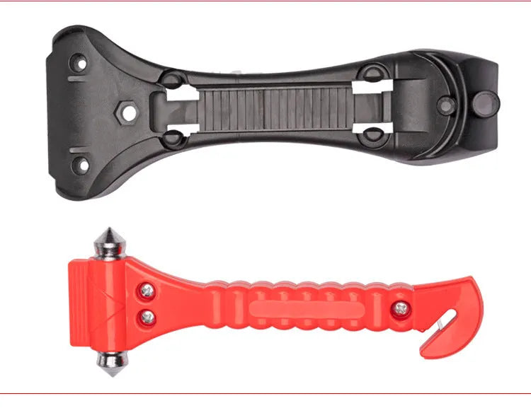 Red car emergency hammer with ABS plastic handle and carbon steel head for window breaking and seatbelt cutting