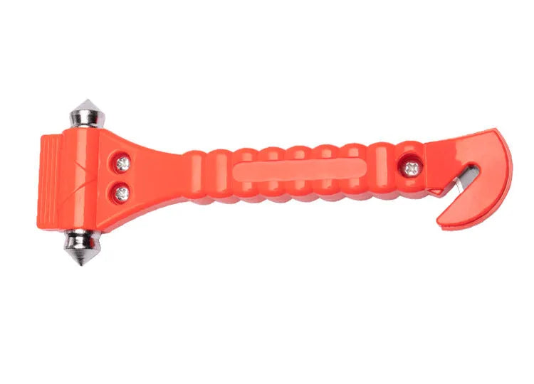 Red car emergency hammer with ABS plastic handle and carbon steel head for window breaking and seatbelt cutting