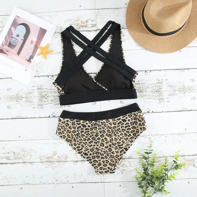 Leopard print bikini set with V-neck cross banded top and split briefs.