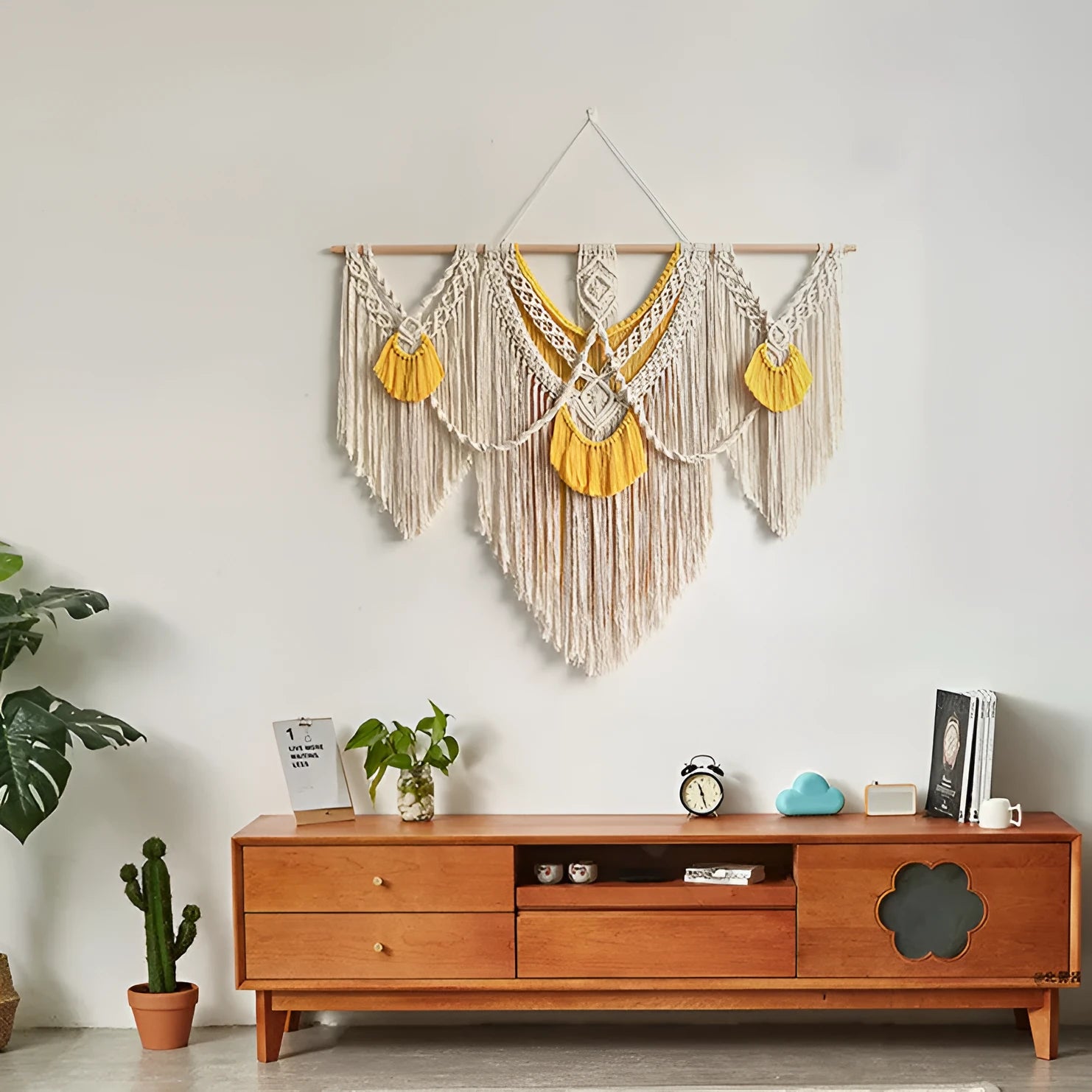 Nordic style hand-woven cotton tapestry wall hanging creamy white with yellow accents 120x95cm