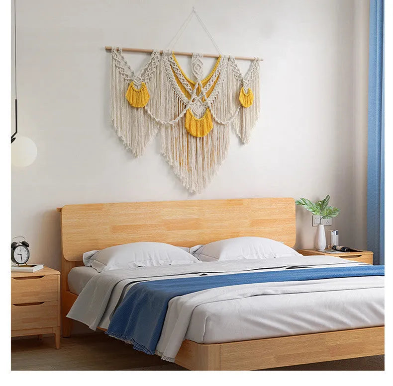 Nordic style hand-woven cotton tapestry wall hanging creamy white with yellow accents 120x95cm