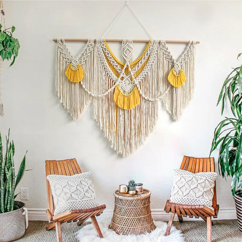 Nordic style hand-woven cotton tapestry wall hanging creamy white with yellow accents 120x95cm