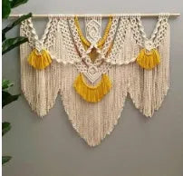 Nordic style hand-woven cotton tapestry wall hanging creamy white with yellow accents 120x95cm
