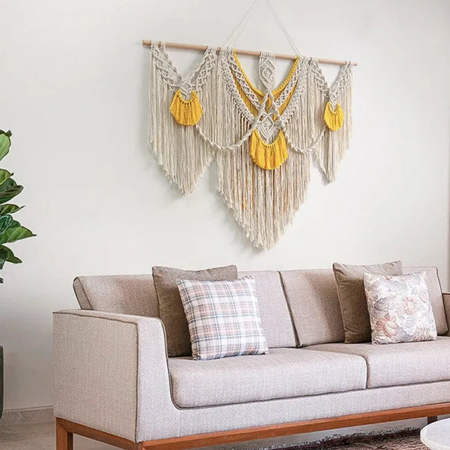 Nordic style hand-woven cotton tapestry wall hanging creamy white with yellow accents 120x95cm