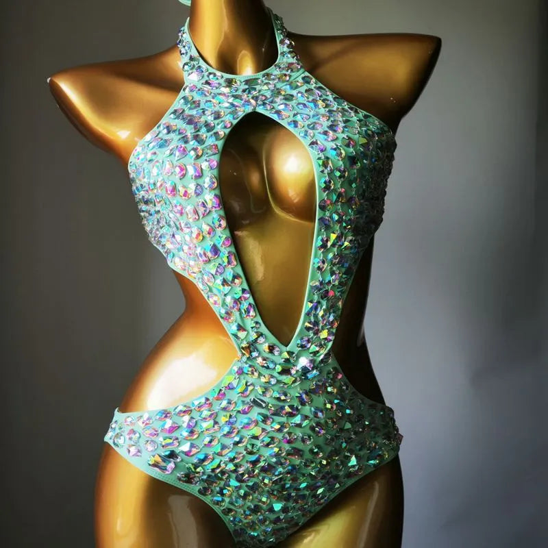 Women's diamond mesh one-piece swimsuit in nylon, shown in Army Green colour.