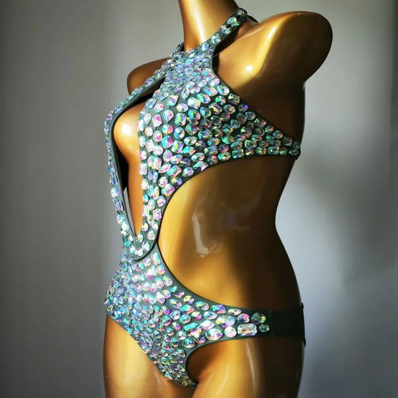 Women's diamond mesh one-piece swimsuit in nylon, shown in Army Green colour.