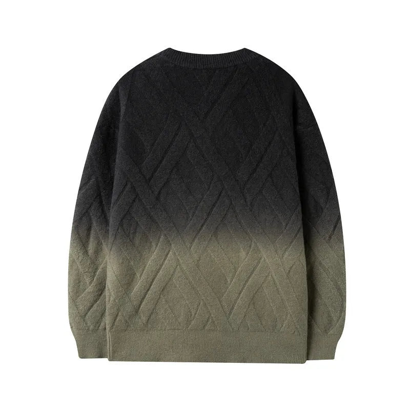 Men's retro crew neck sweater with rhombus tie-dyed jacquard pattern, loose fit, available in four colours