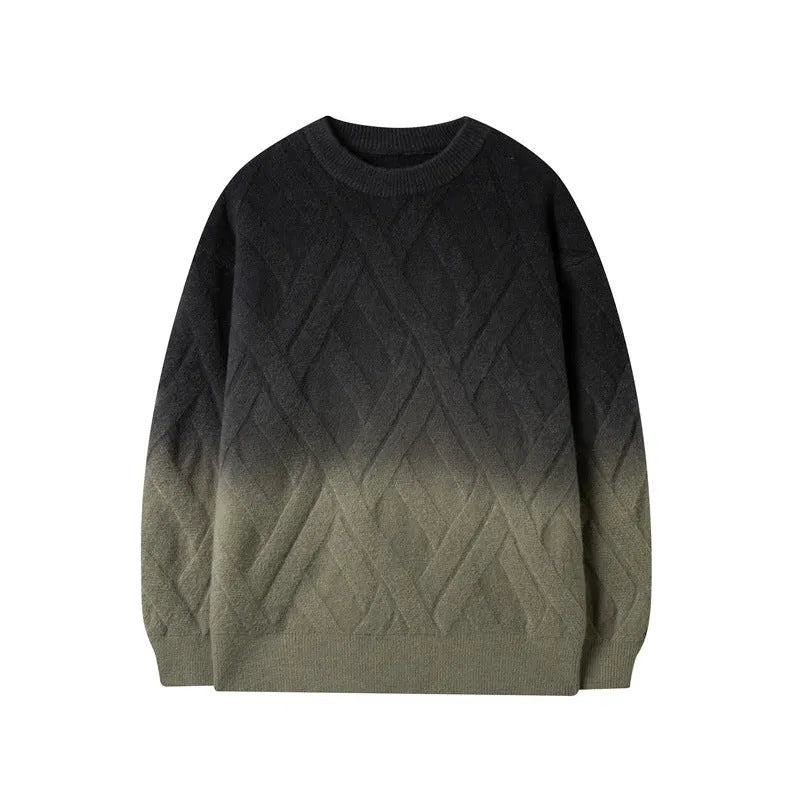 Men's retro crew neck sweater with rhombus tie-dyed jacquard pattern, loose fit, available in four colours