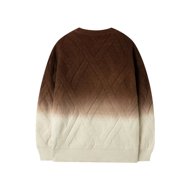 Men's retro crew neck sweater with rhombus tie-dyed jacquard pattern, loose fit, available in four colours