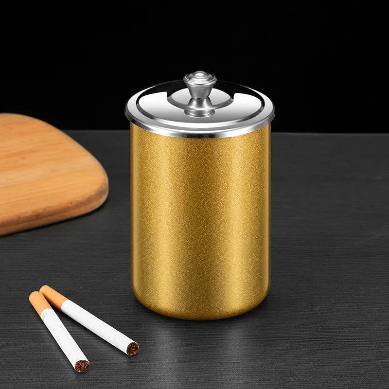 Stainless steel fly ash ashtray with cover measuring 7.5cm by 9.5cm