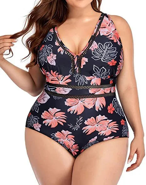 Black plus size women's bikini swimsuit with mesh stitching and print design in sizes S to 5XL