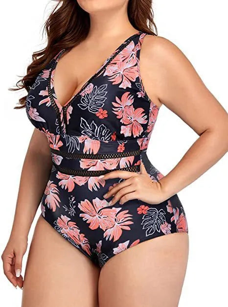 Black plus size women's bikini swimsuit with mesh stitching and print design in sizes S to 5XL