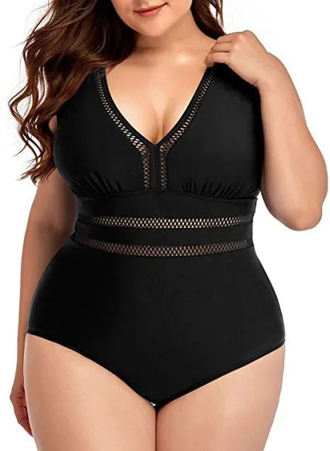 Black plus size women's bikini swimsuit with mesh stitching and print design in sizes S to 5XL