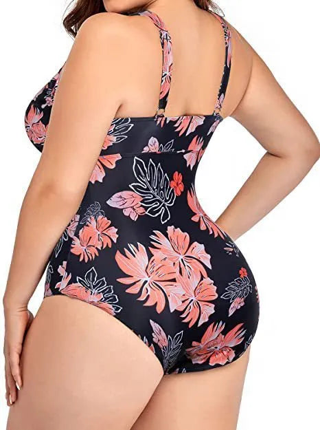 Black plus size women's bikini swimsuit with mesh stitching and print design in sizes S to 5XL