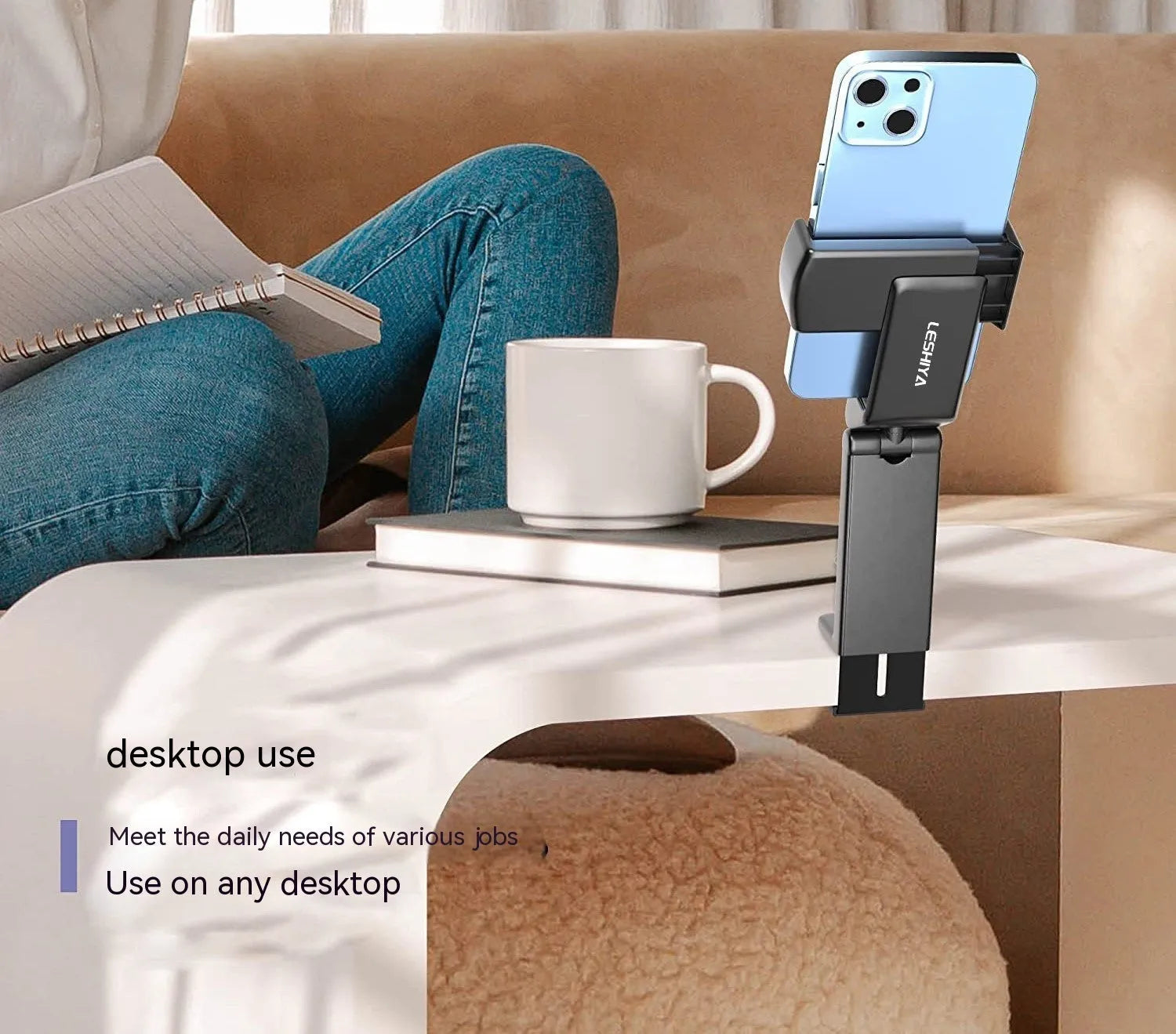Foldable rotating phone holder in black, grey, or green colours showing universal smartphone compatibility