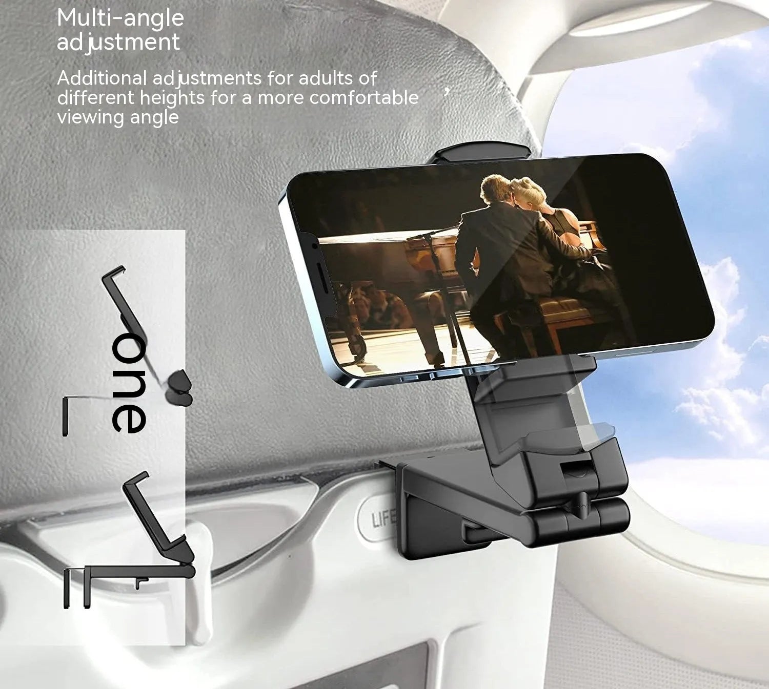 Foldable rotating phone holder in black, grey, or green colours showing universal smartphone compatibility