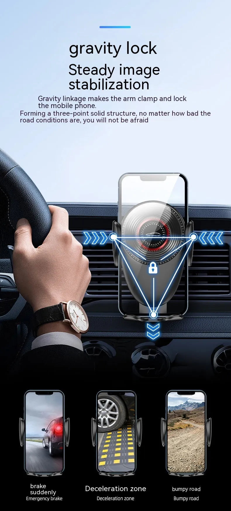 Black universal car air vent mobile phone bracket with adjustable arms for secure mounting