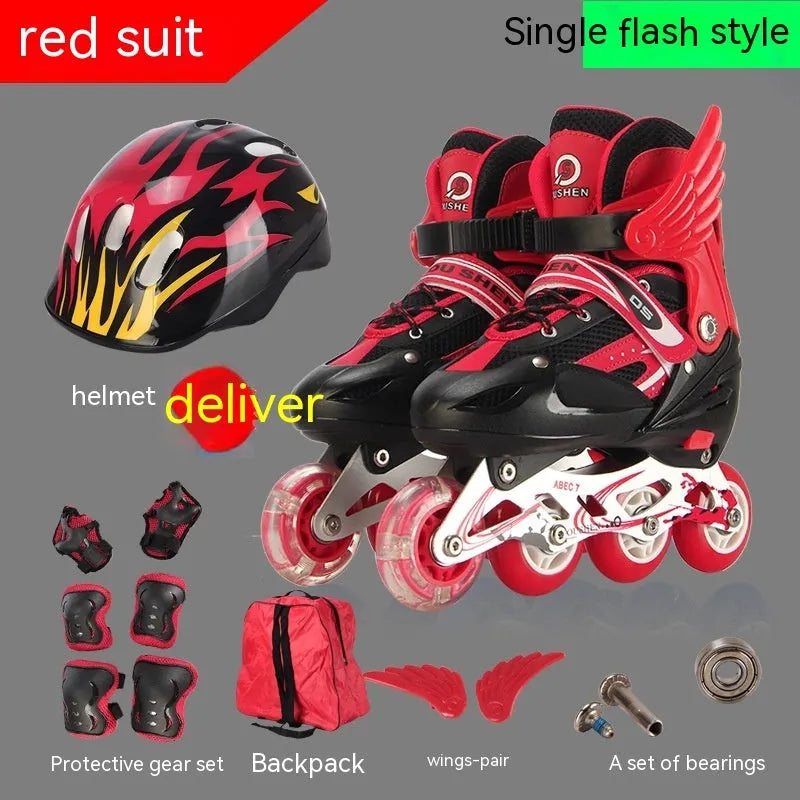 Yellow children's adjustable inline skates with aluminium frame, PU wheels, helmet, and protective gear on a backpack.