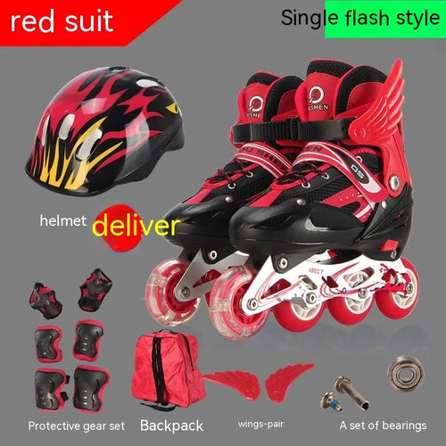 Yellow children's adjustable inline skates with aluminium frame, PU wheels, helmet, and protective gear on a backpack.