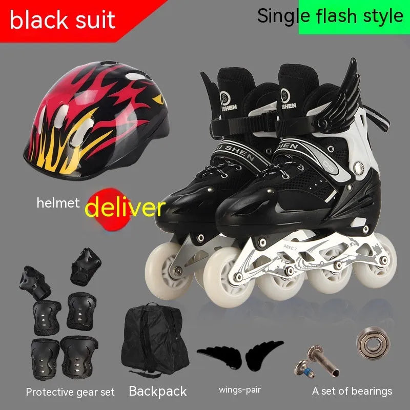 Yellow children's adjustable inline skates with aluminium frame, PU wheels, helmet, and protective gear on a backpack.