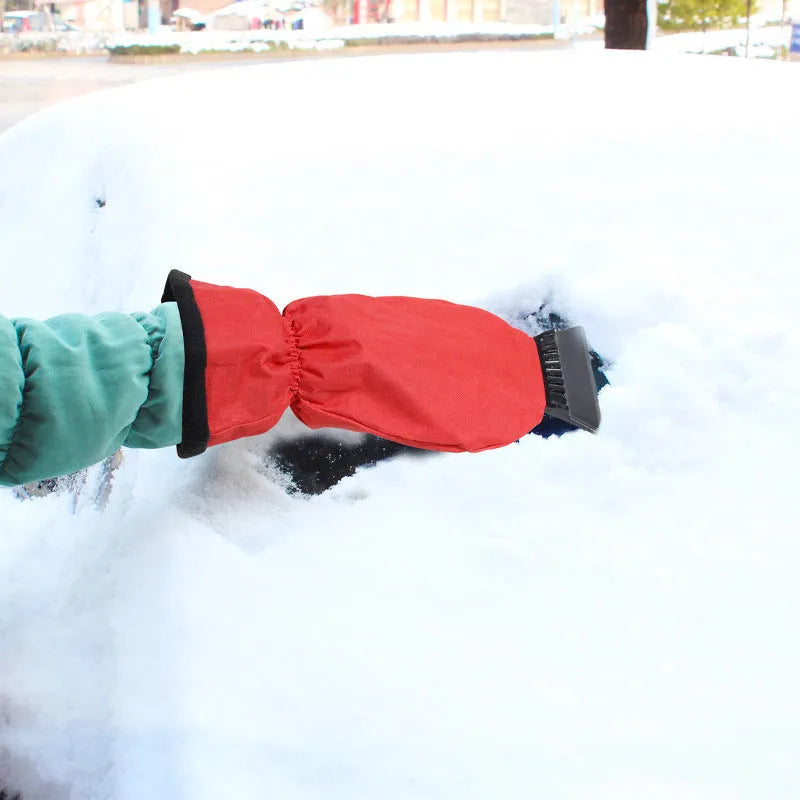 Red and blue car snow plough shovel with ice scraper edge and wide blade