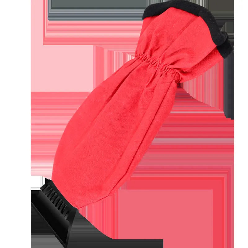 Red and blue car snow plough shovel with ice scraper edge and wide blade