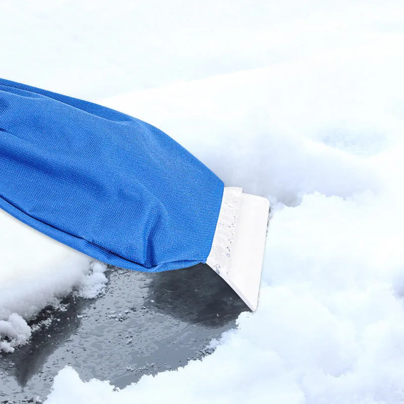 Red and blue car snow plough shovel with ice scraper edge and wide blade