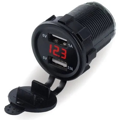 Waterproof motorcycle car charger with USB port and coloured LED light, shown with optional power cables.