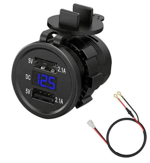 Waterproof motorcycle car charger with USB port and coloured LED light, shown with optional power cables.