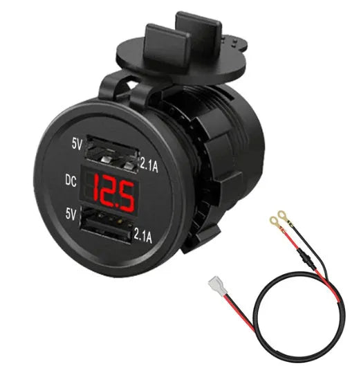 Waterproof motorcycle car charger with USB port and coloured LED light, shown with optional power cables.