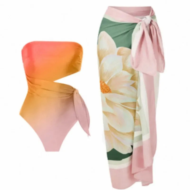 Women's French-style retro printed one-piece swimsuit in quick-drying polyester