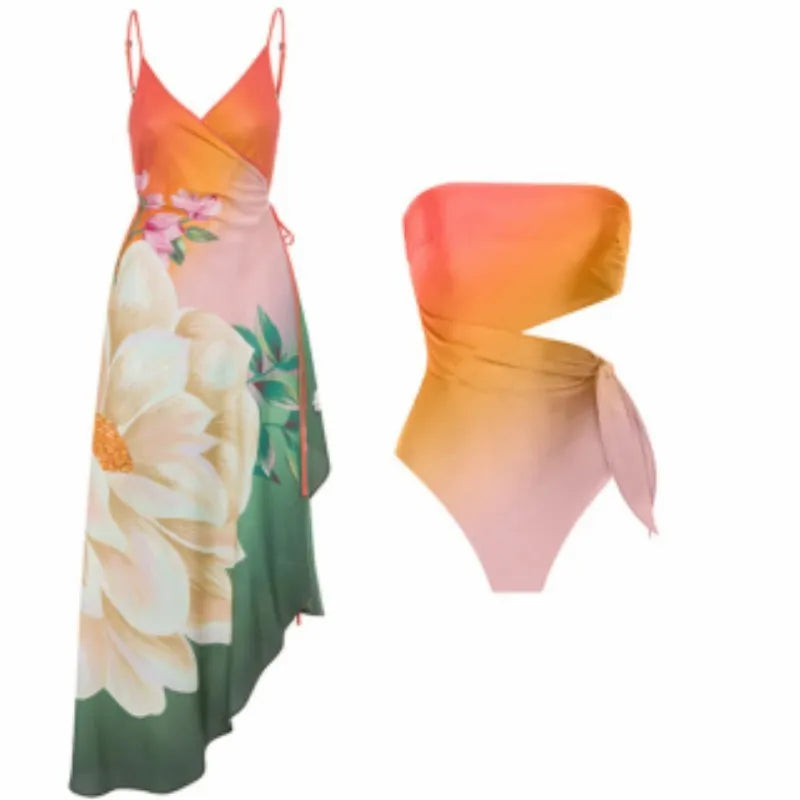 Women's French-style retro printed one-piece swimsuit in quick-drying polyester