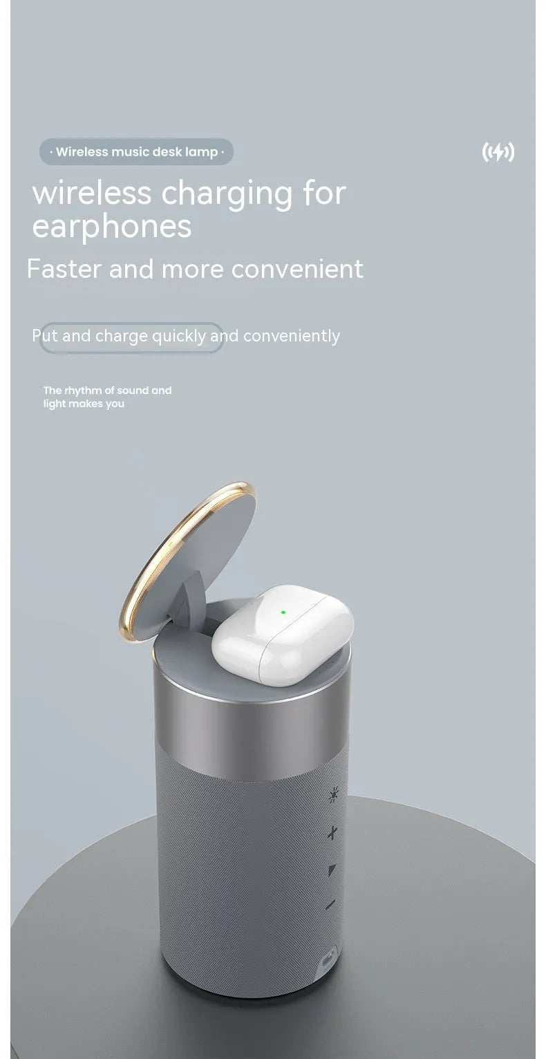 Gray or beige magnetic wireless charger with earphone and cellphone audio function, button or touch control, small portable design