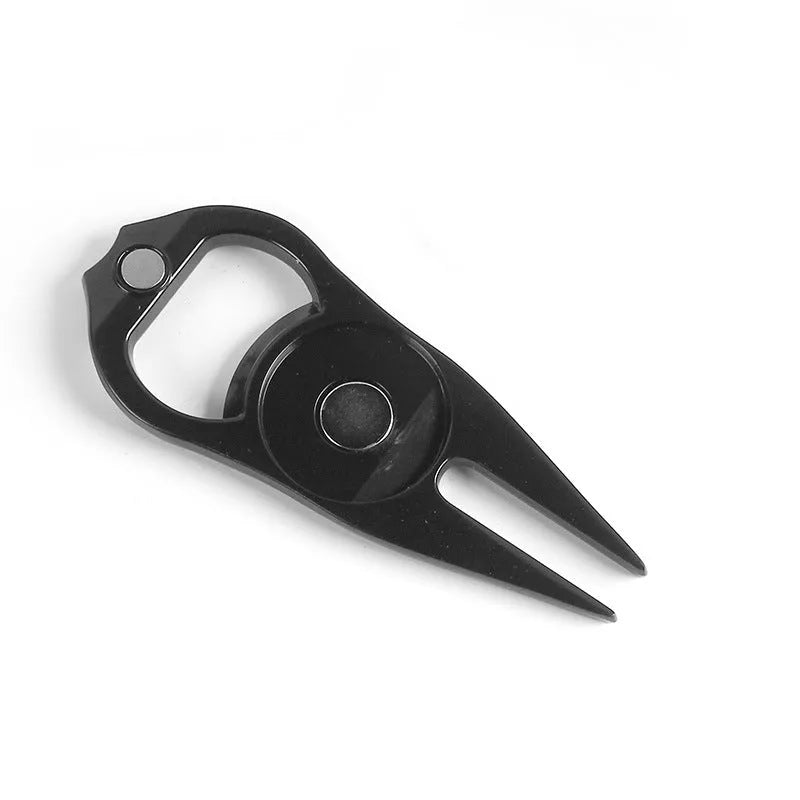 Zinc alloy golf ball fork and bottle opener tool in black, green or silver colour options
