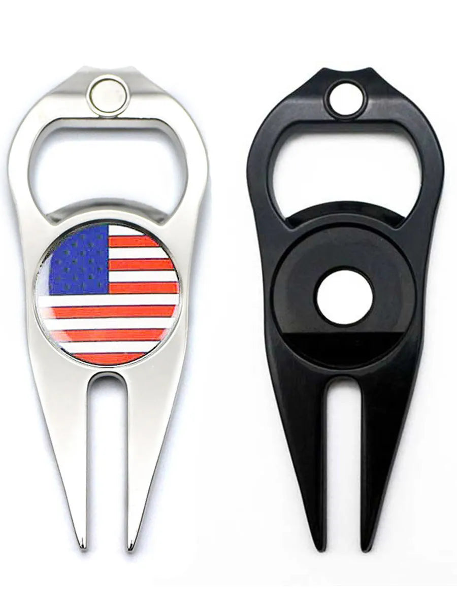 Zinc alloy golf ball fork and bottle opener tool in black, green or silver colour options