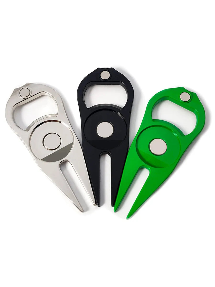 Zinc alloy golf ball fork and bottle opener tool in black, green or silver colour options