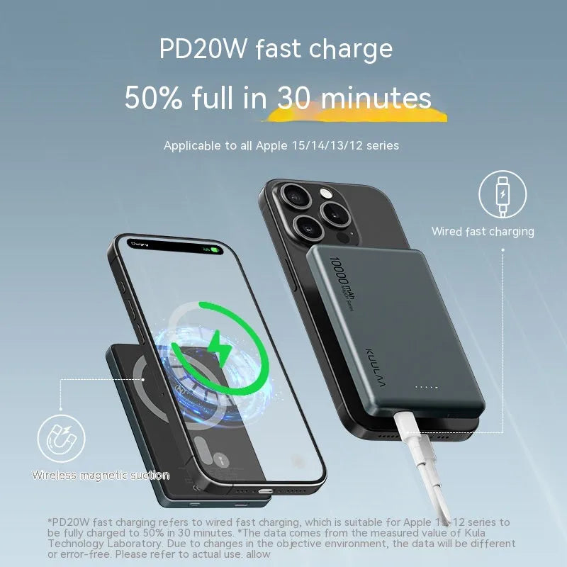 Magnetic wireless charging power bank with alloy shell, 10000mAh capacity, in four colours: dark grey, dark night purple, rose gold, dark green