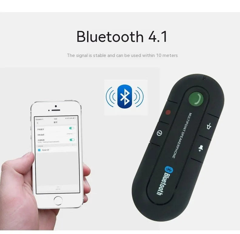 Car sun visor mounted Bluetooth handsfree device with music player in black, blue, or red colours