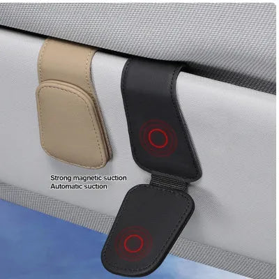 PU leather car sunglasses holder clipped to sun visor in beige colour