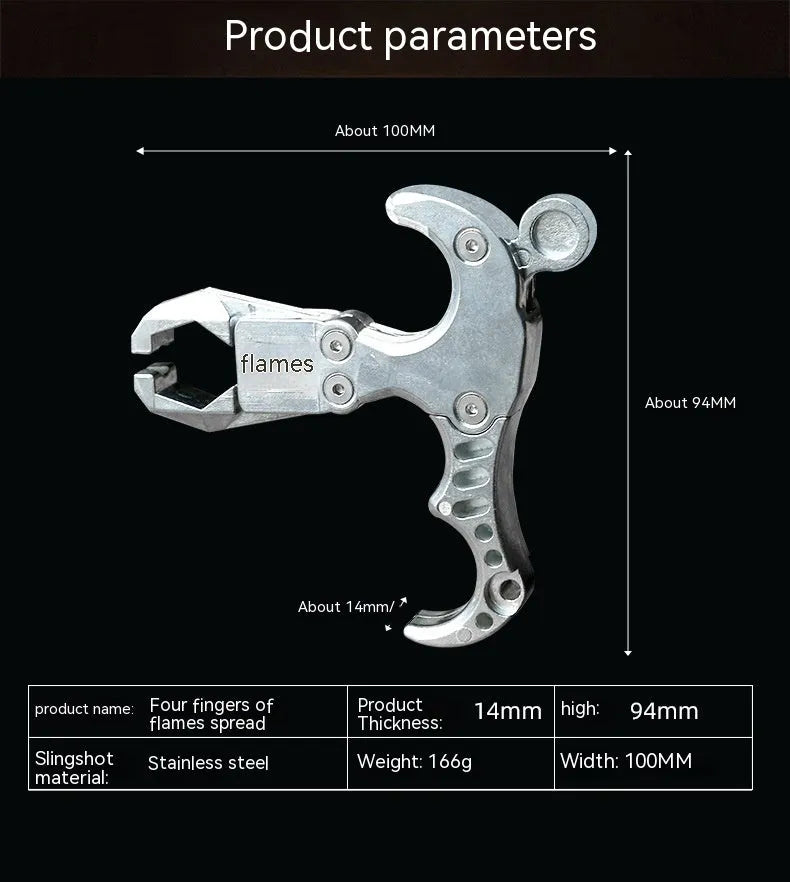 Close-up of a zinc alloy two-axis harpoon clip release aid with stainless steel mechanism.