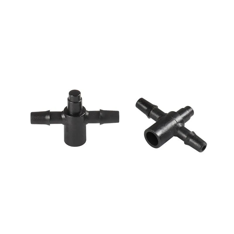 PE plastic tee water distributor joint for micro-spray irrigation systems.