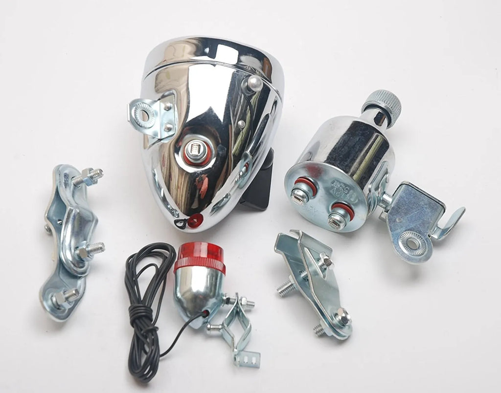 Silver bicycle generator light modification kit for friction-powered front and rear lighting