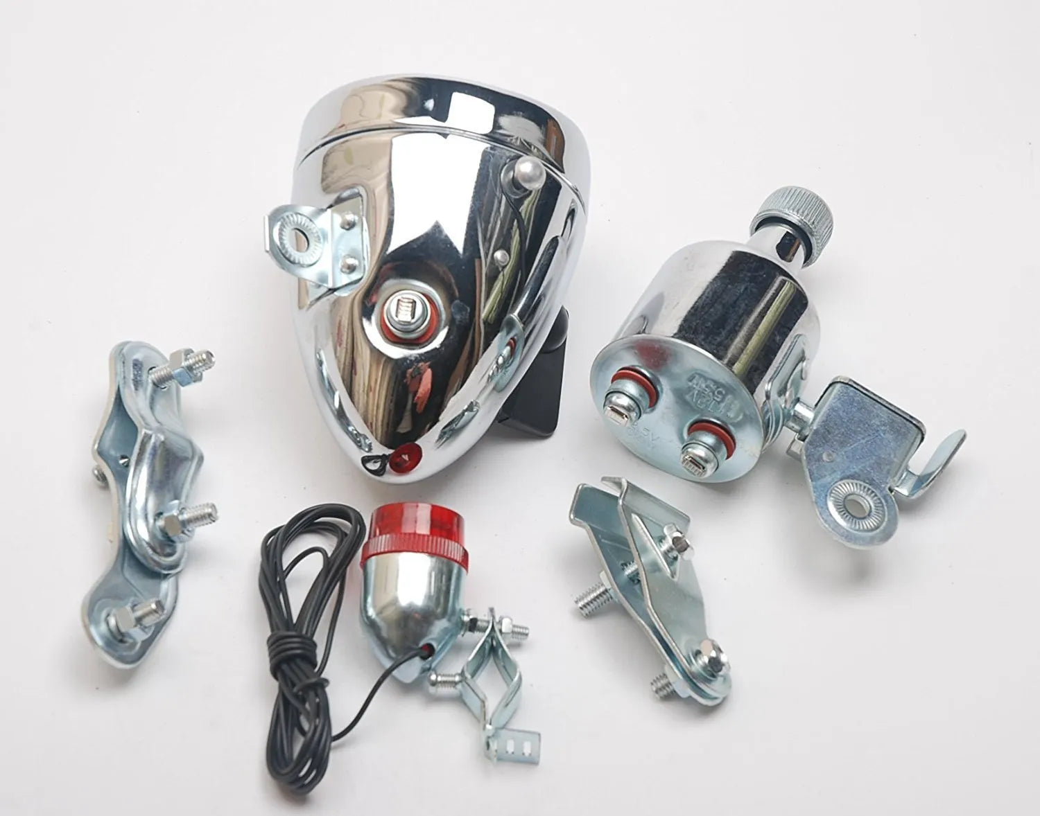 Silver bicycle generator light modification kit for friction-powered front and rear lighting